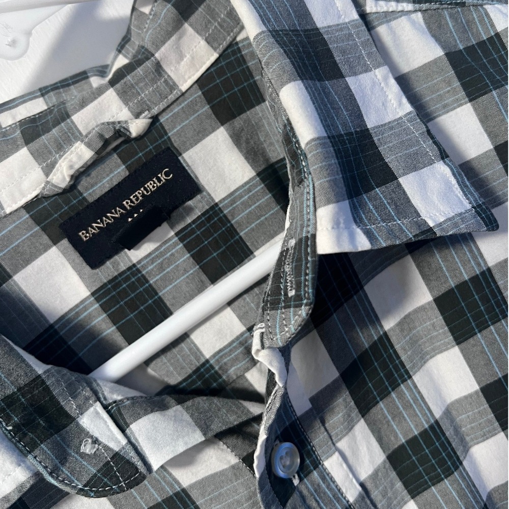 Banana Republic Mens Large Black White Plaid Short Sleeve